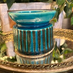 Mid century Teal Candle studio art pottery candle Holder decor